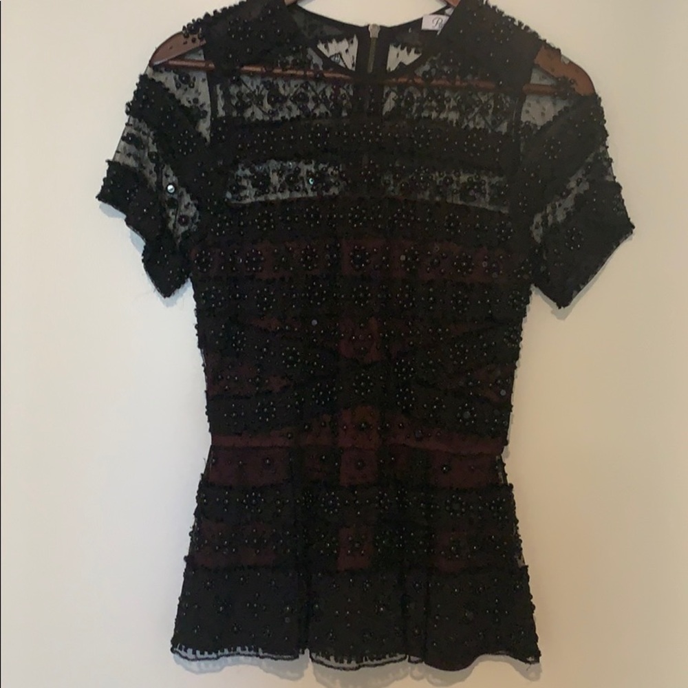 PARKER NEW BEADED PEPLUM TOP BURGUNDY BLK LACE XS